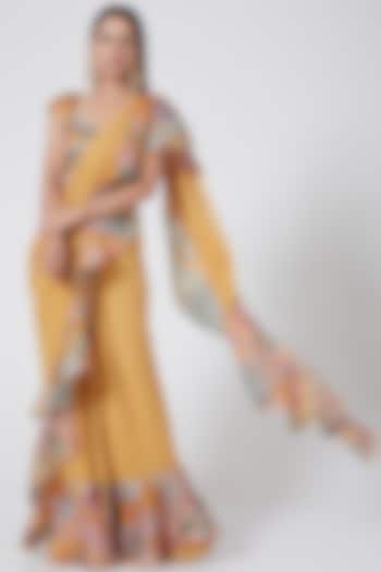 Yellow Printed & Hand Embellished Saree Set by Aisha Rao
