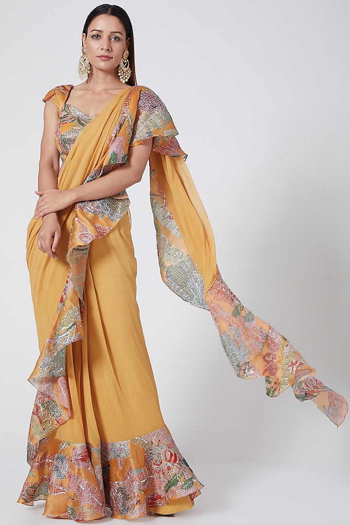 Yellow Printed & Hand Embellished Saree Set by Aisha Rao