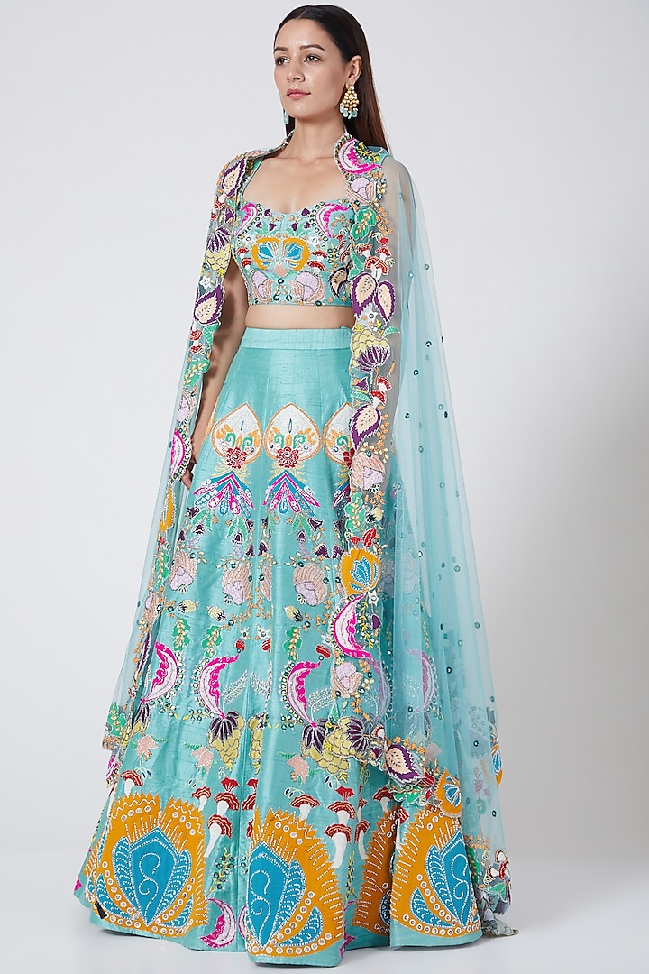 Scuba Blue Printed & Embellished Kalidar Lehenga Set by Aisha Rao