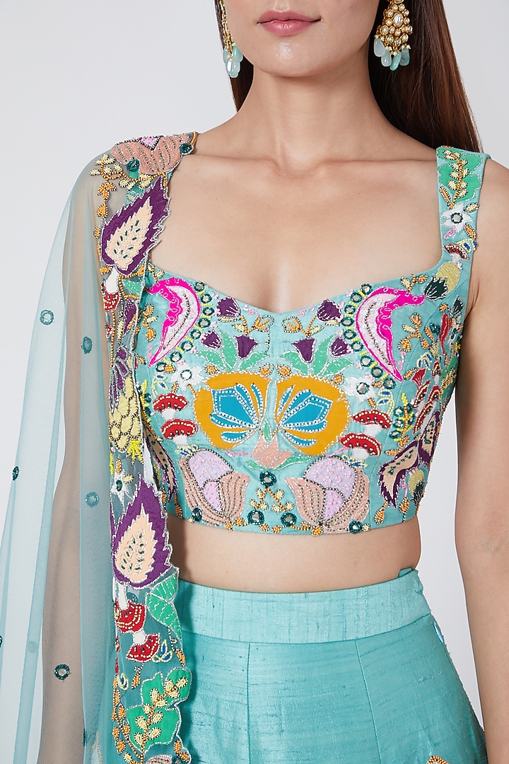 Scuba Blue Printed & Embellished Kalidar Bridal Lehenga Set by Aisha Rao at Pernia's Pop Up Shop