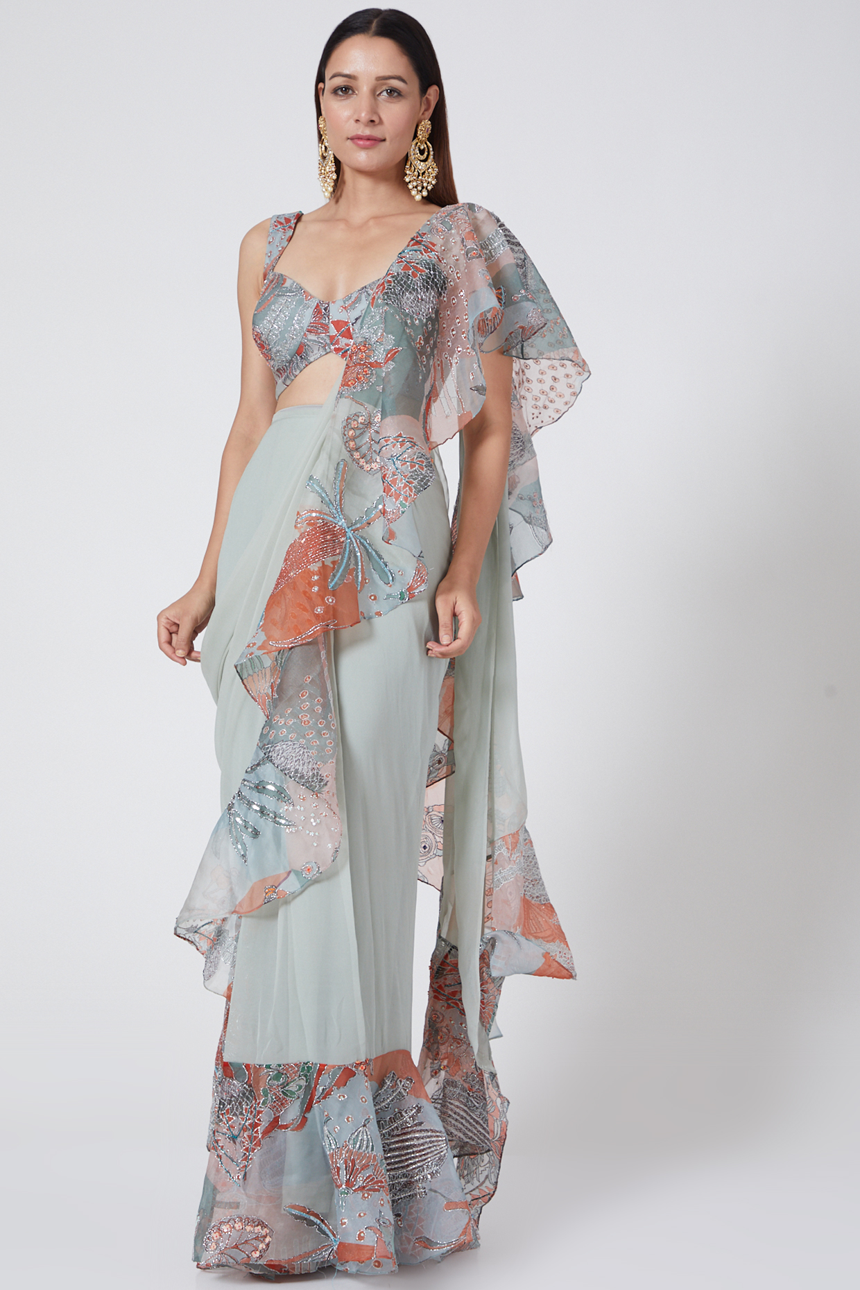 Blue Printed Ruffled Reception Saree Set by Aisha Rao at Pernia's Pop Up Shop