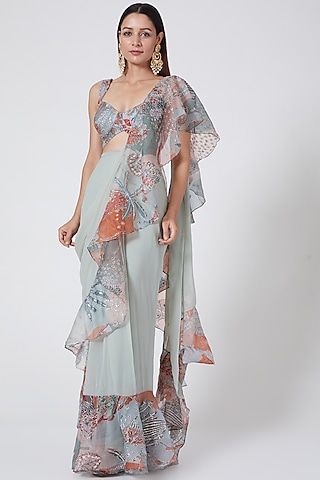 Blue Printed Ruffled Saree Set by Aisha Rao