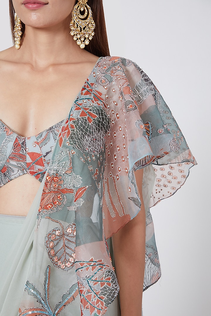 Blue Printed Ruffled Reception Saree Set by Aisha Rao at Pernia's Pop Up Shop