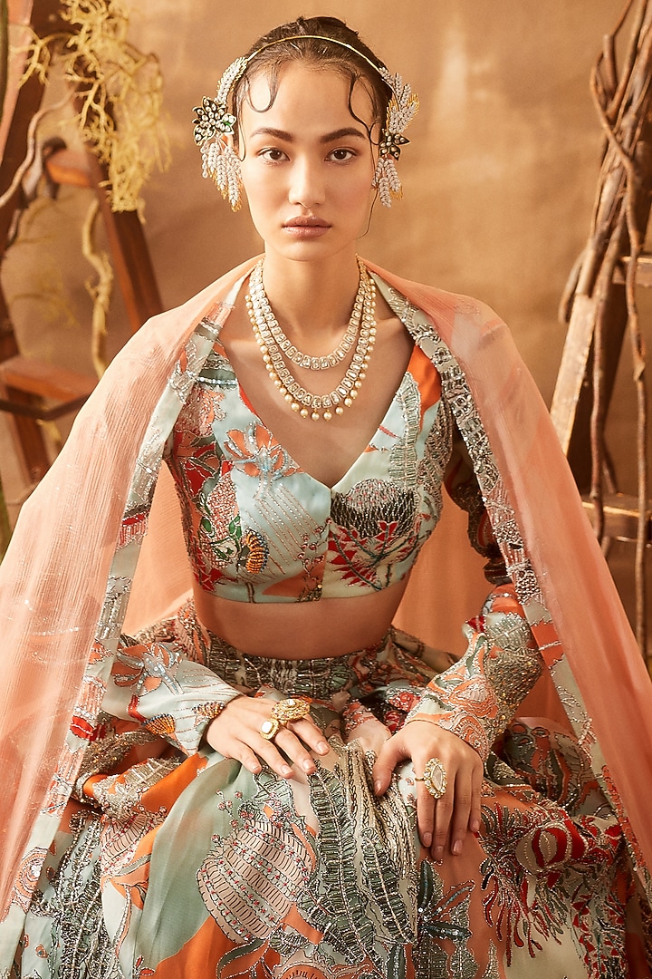 Powder Blue Printed & Embellished Bridal Lehenga Set by Aisha Rao at Pernia's Pop Up Shop