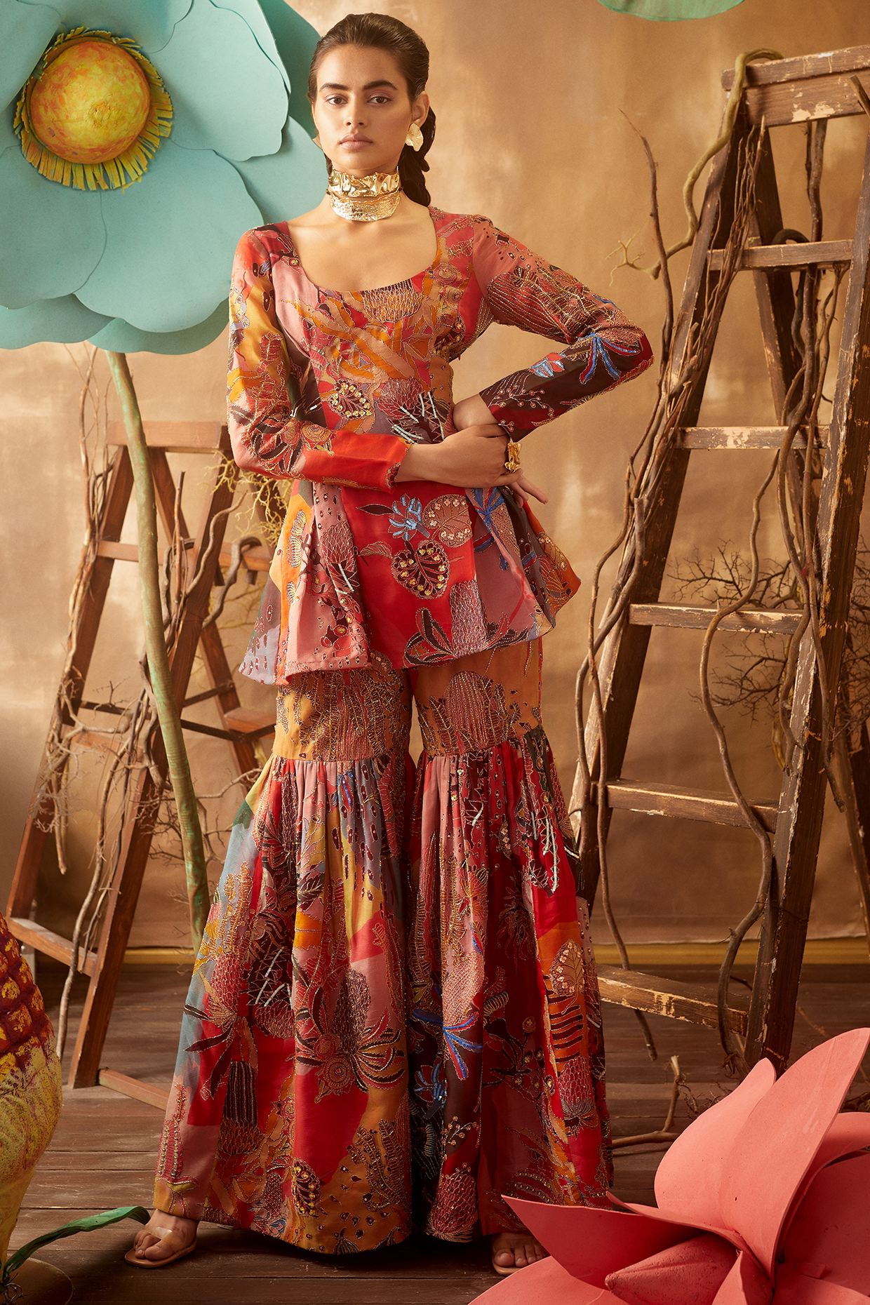 Red Printed & Embellished Bridal Sharara Set by Aisha Rao at Pernia's Pop Up Shop