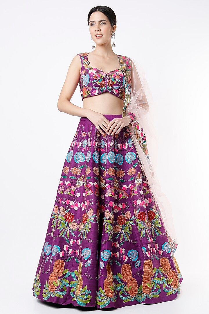 Purple Embroidered Bridal Lehenga Set by Aisha Rao at Pernia's Pop Up Shop