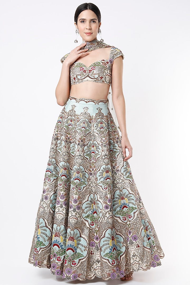 Ivory Embroidered Kalidar Bridal Lehenga Set by Aisha Rao at Pernia's Pop Up Shop