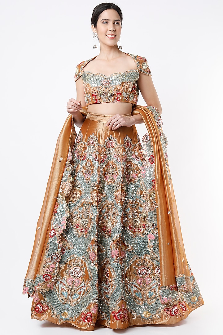 Copper Embroidered Kalidar Bridal Lehenga Set by Aisha Rao at Pernia's Pop Up Shop