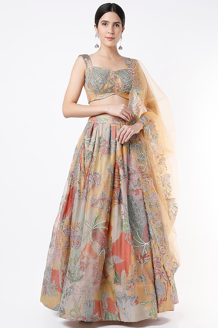 Aspen Yellow Printed & Embroidered Bridal Lehenga Set by Aisha Rao at Pernia's Pop Up Shop