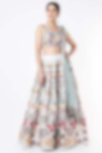 Ivory Applique Embroidered Kalidar Bridal Lehenga Set by Aisha Rao at Pernia's Pop Up Shop