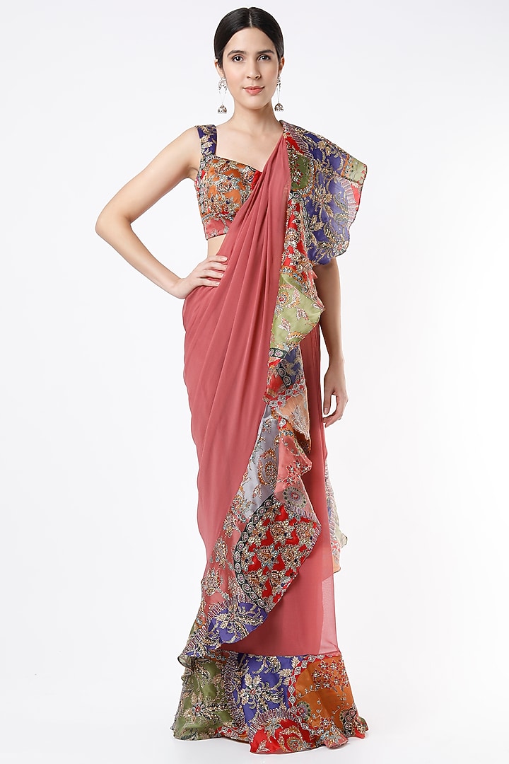 Tropical Peach Printed & Embroidered Ruffled Reception Saree Set by Aisha Rao at Pernia's Pop Up Shop