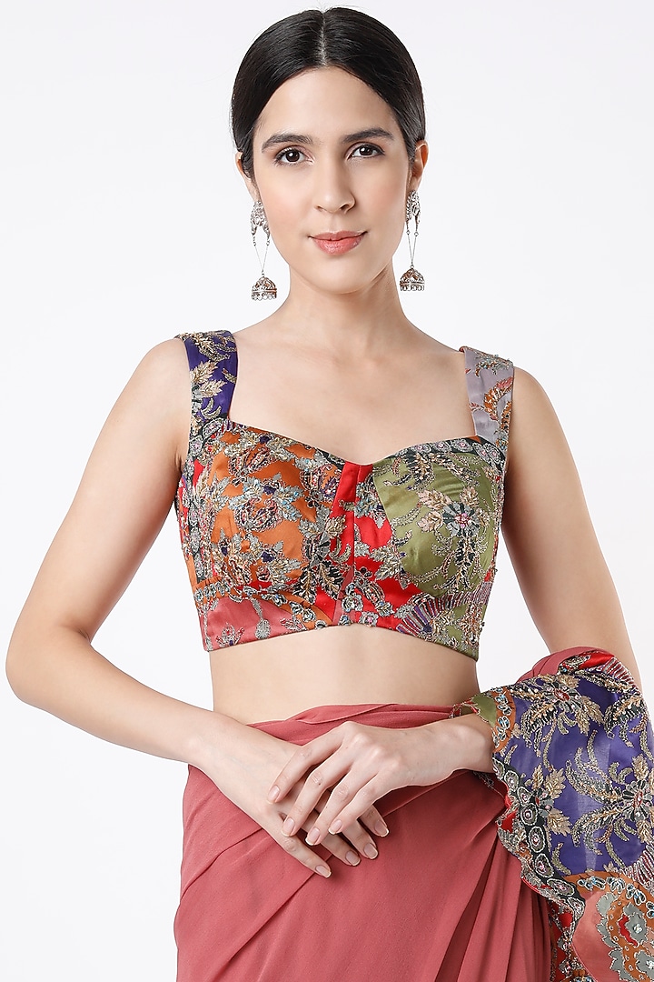 Tropical Peach Printed & Embroidered Ruffled Reception Saree Set by Aisha Rao at Pernia's Pop Up Shop