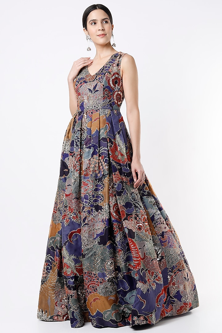 Violet Printed & Embroidered Gown by Aisha Rao