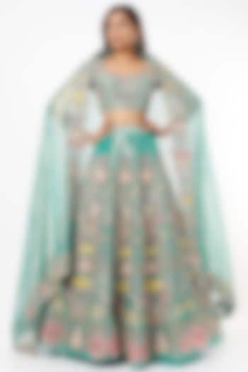 Turquoise Embroidered Bridal Lehenga Set by Aisha Rao at Pernia's Pop Up Shop