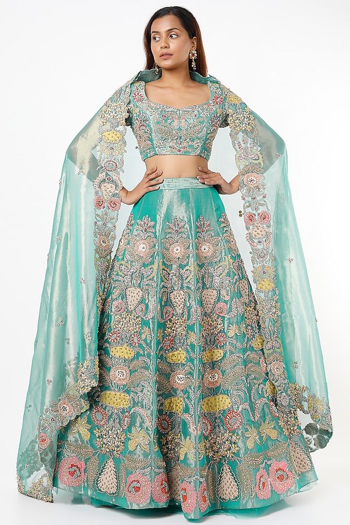 Turquoise Embroidered Bridal Lehenga Set by Aisha Rao at Pernia's Pop Up Shop