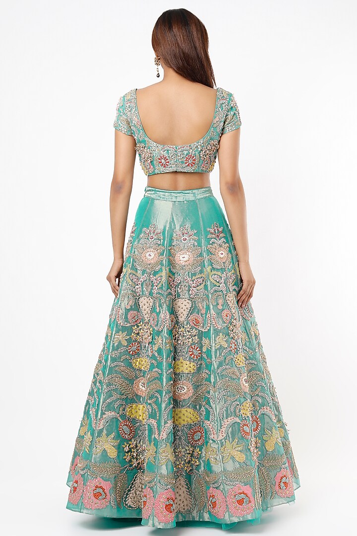 Turquoise Embroidered Bridal Lehenga Set by Aisha Rao at Pernia's Pop Up Shop