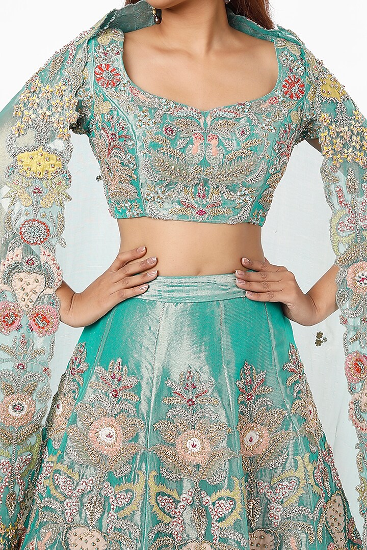 Turquoise Embroidered Bridal Lehenga Set by Aisha Rao at Pernia's Pop Up Shop