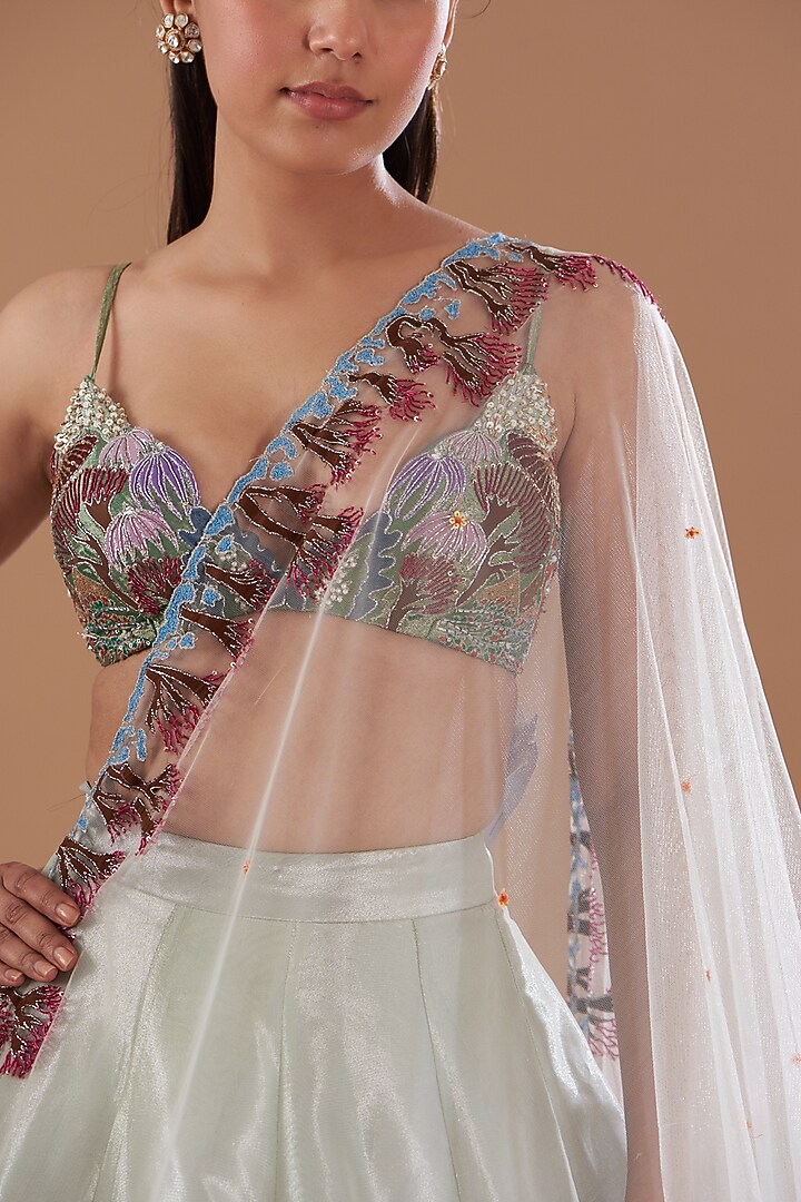 Ivory & Green Tissue Embellished Bridal Lehenga Set by Aisha Rao at Pernia's Pop Up Shop