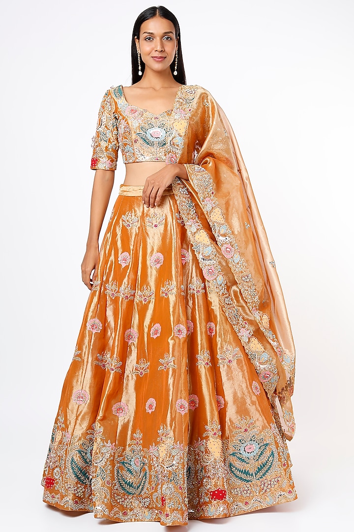 Copper Tissue Embellished Lehenga Set by Aisha Rao