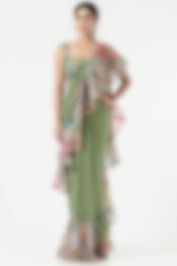 Green Organza Printed & Embellished Ruffled Saree Set by Aisha Rao
