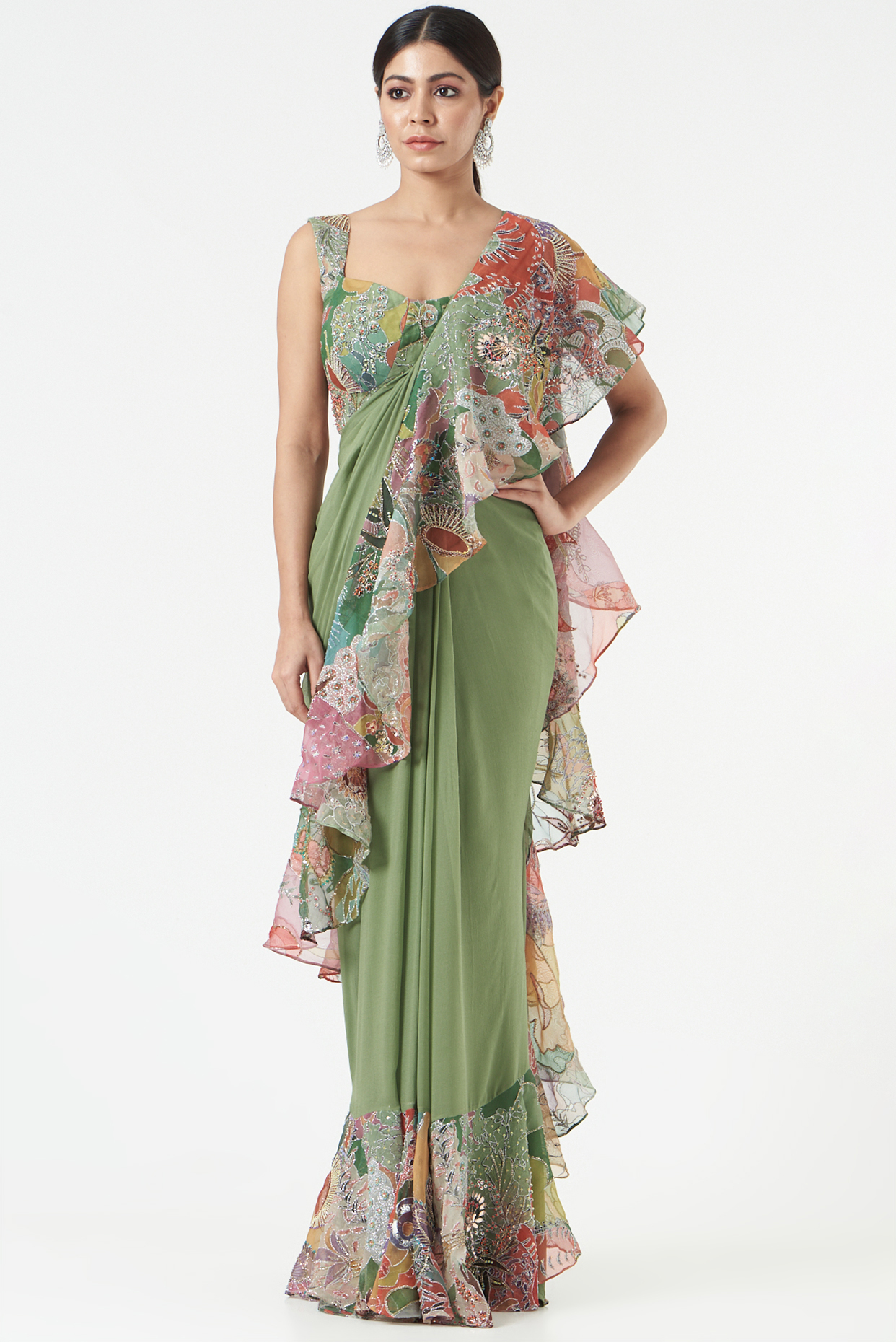 Green Organza Printed & Embellished Ruffled Saree Set by Aisha Rao