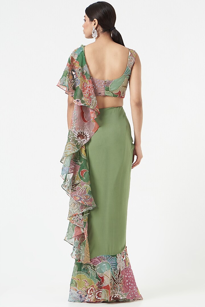 Green Organza Printed & Embellished Ruffled Reception Saree Set by Aisha Rao at Pernia's Pop Up Shop
