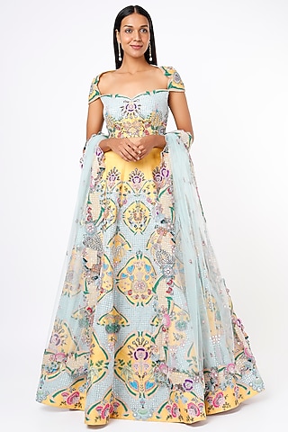 Yellow Raw Silk Embellished Lehenga Set by Aisha Rao