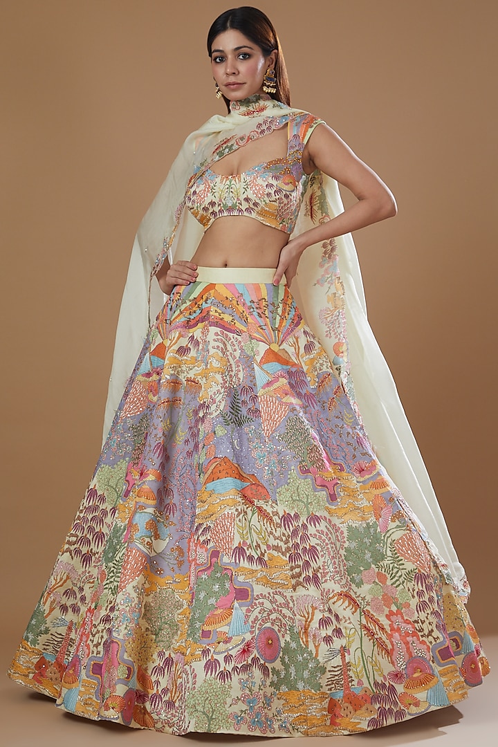 Ivory & Beige Kasab Satin Embellished Lehenga Set by Aisha Rao