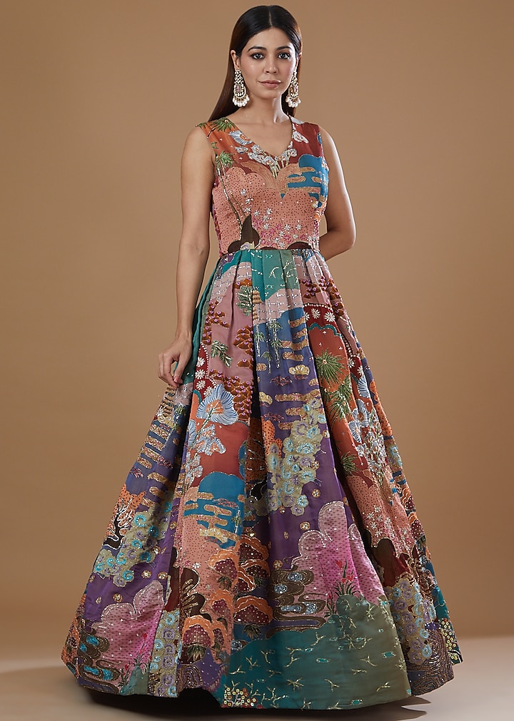 Multi-Colored Tissue Organza Printed Gown by Aisha Rao