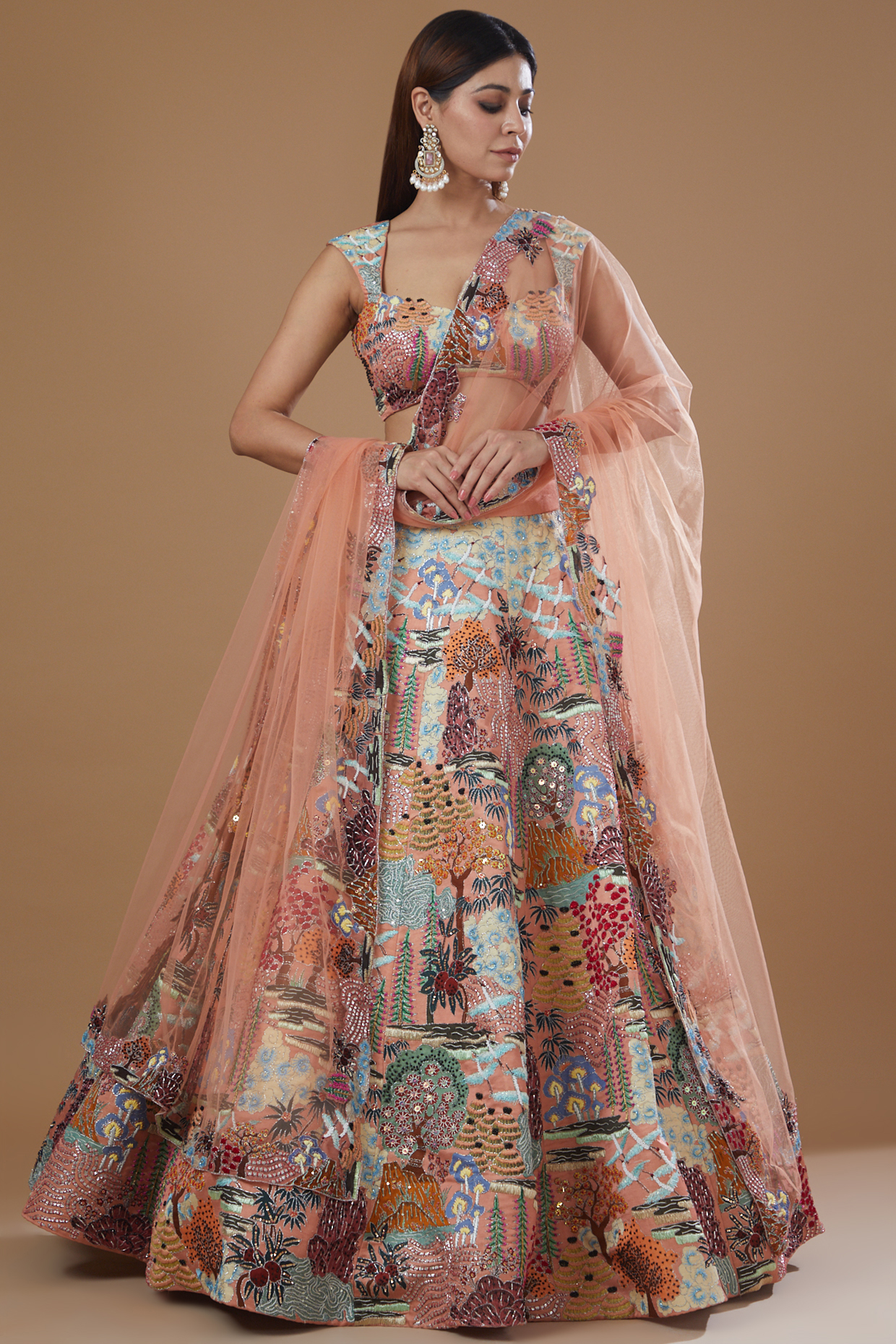Peach Kasab Satin Printed Bridal Lehenga Set by Aisha Rao at Pernia's Pop Up Shop