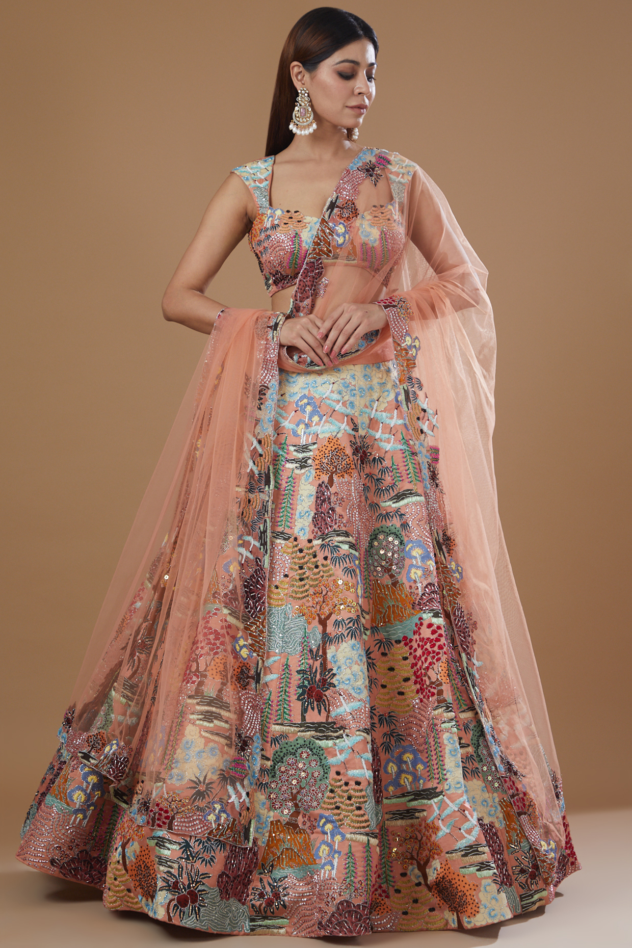 Peach Kasab Satin Printed Lehenga Set by Aisha Rao