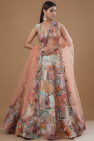 Peach Kasab Satin Printed Lehenga Set by Aisha Rao
