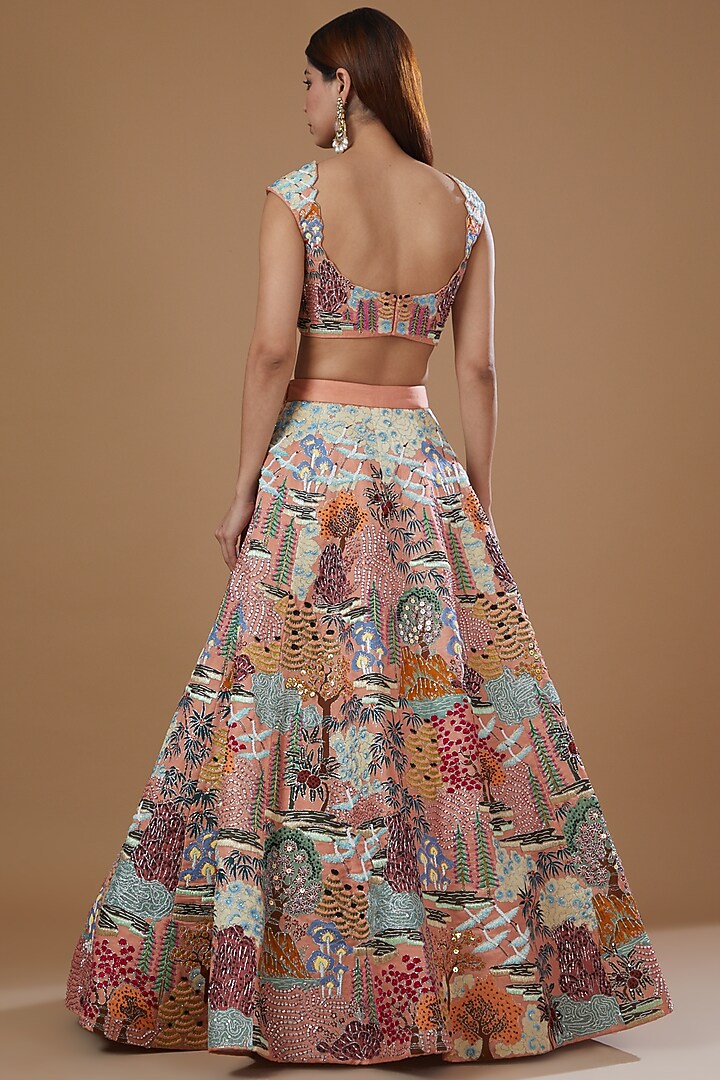 Peach Kasab Satin Printed Bridal Lehenga Set by Aisha Rao at Pernia's Pop Up Shop