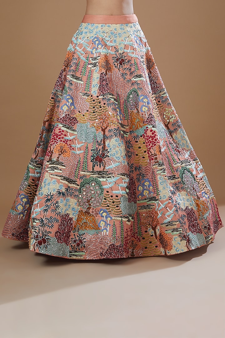 Peach Kasab Satin Printed Bridal Lehenga Set by Aisha Rao at Pernia's Pop Up Shop