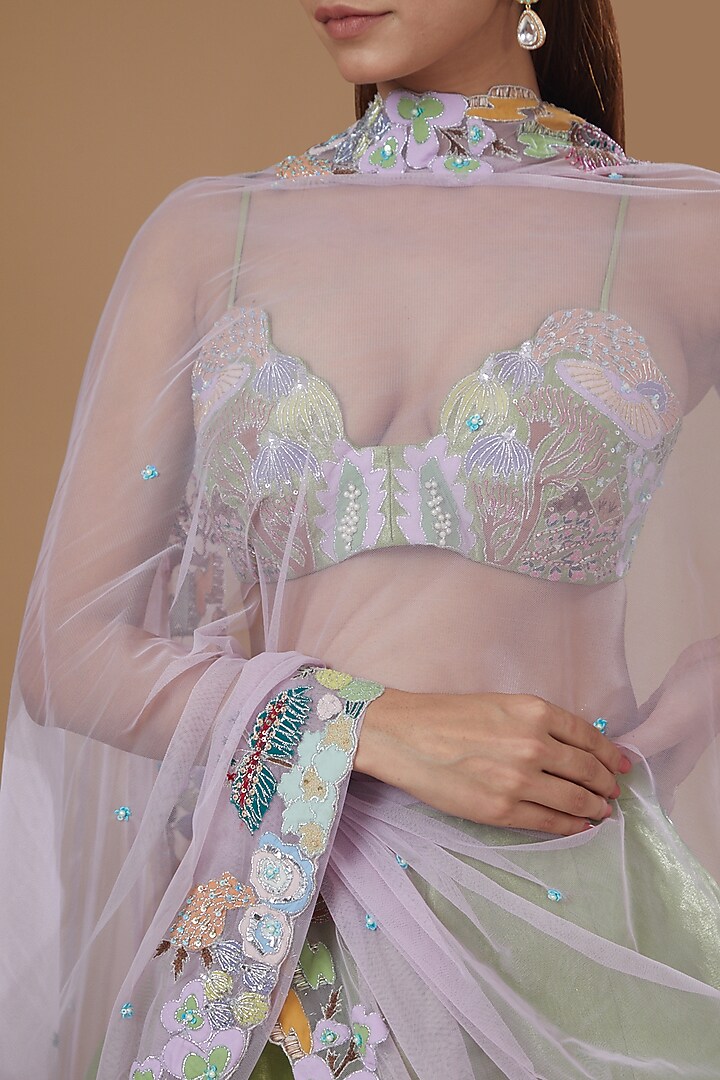 Green Tissue Printed Bridal Lehenga Set by Aisha Rao at Pernia's Pop Up Shop