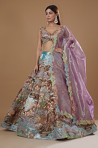 Antique Gold Tissue Printed Lehenga Set by Aisha Rao