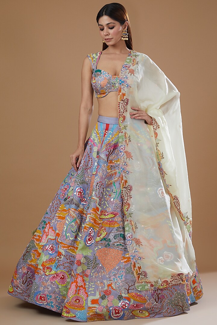 Lavender Kasab Satin Printed Bridal lehenga for 22 Lehenga Set by Aisha Rao at Pernia's Pop Up Shop