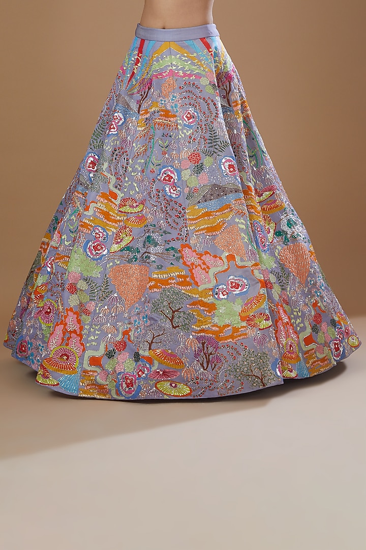 Lavender Kasab Satin Printed Bridal Lehenga Set by Aisha Rao at Pernia's Pop Up Shop