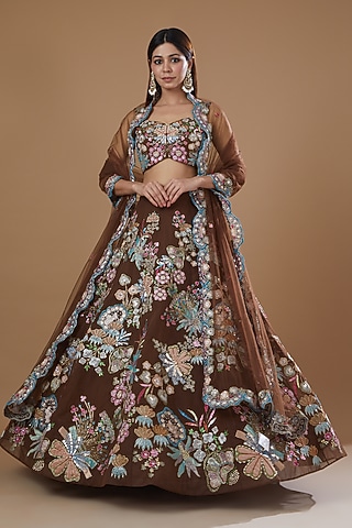 Maroon Brocade Printed Lehenga Set by Aisha Rao