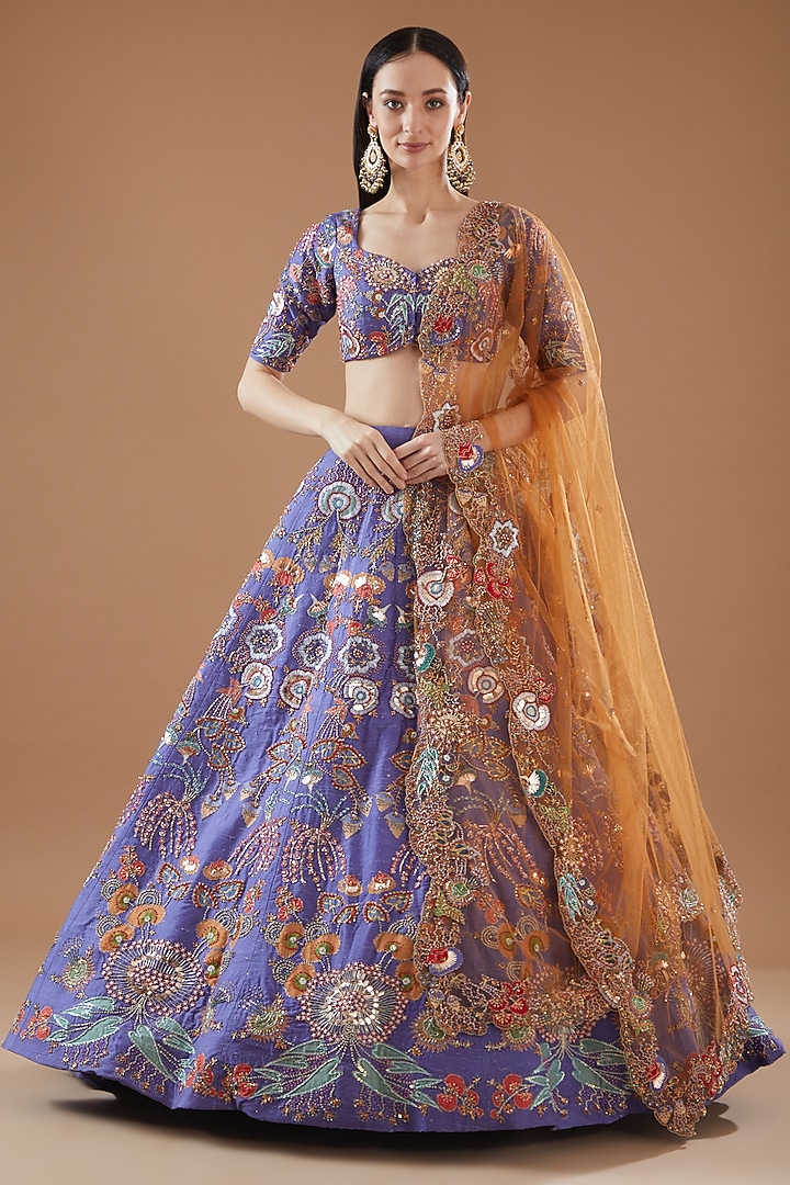 Violet Raw Silk Embellished Bridal Lehenga Set by Aisha Rao at Pernia's Pop Up Shop
