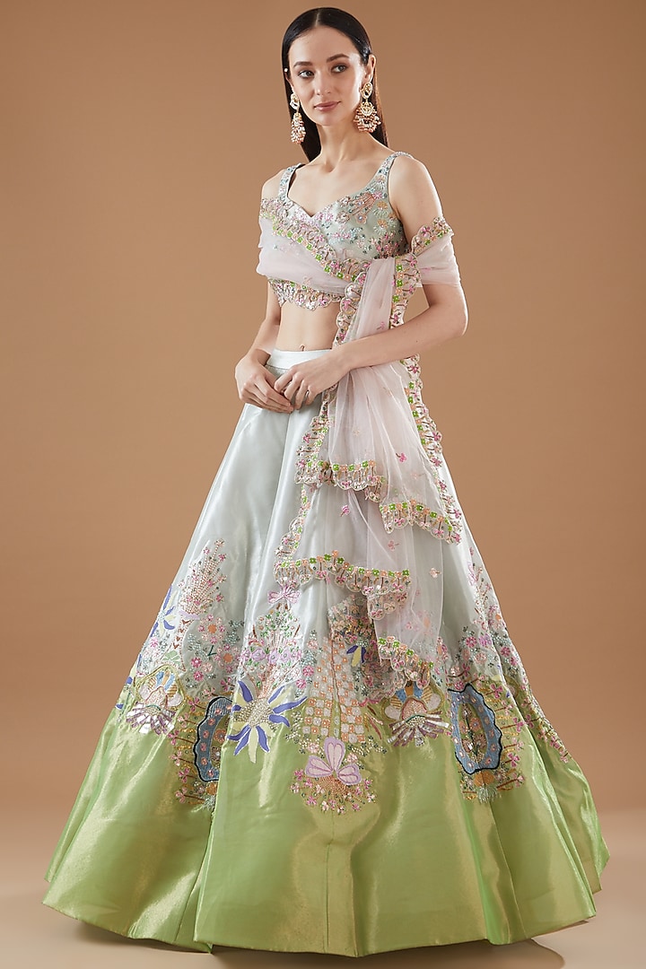 Ivory & Lime Tissue Embellished Bridal Lehenga Set by Aisha Rao at Pernia's Pop Up Shop