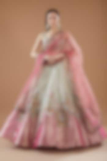 Ivory & Pink Tissue Embellished Lehenga Set by Aisha Rao