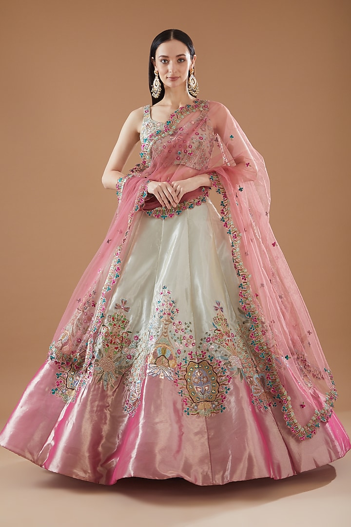 Ivory & Pink Tissue Embellished Lehenga Set by Aisha Rao