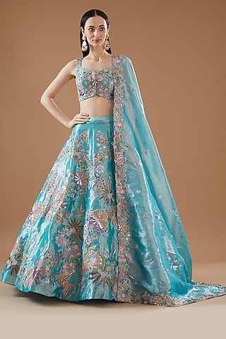 Blue Tissue Embellished Lehenga Set by Aisha Rao