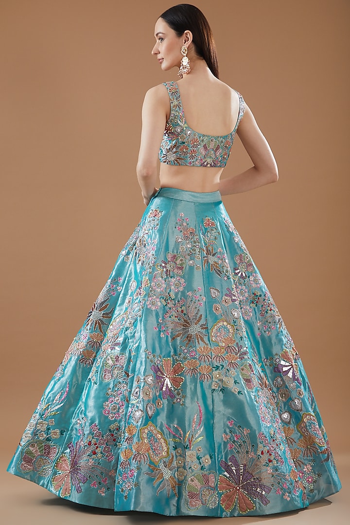 Blue Tissue Embellished Bridal Lehenga Set by Aisha Rao at Pernia's Pop Up Shop