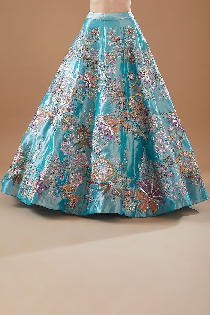Blue Tissue Embellished Bridal Lehenga Set by Aisha Rao at Pernia's Pop Up Shop