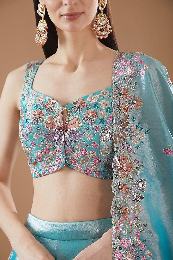 Blue Tissue Embellished Bridal Lehenga Set by Aisha Rao at Pernia's Pop Up Shop