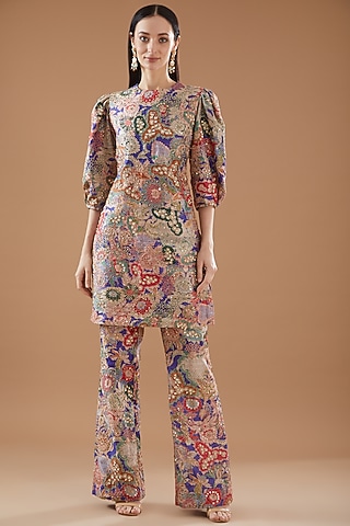 Violet Raw Silk Printed Kurta Set by Aisha Rao