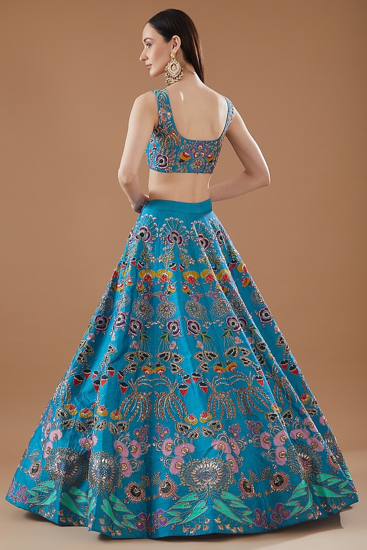 Cyan Blue Raw Silk Embellished Bridal Lehenga Set by Aisha Rao at Pernia's Pop Up Shop