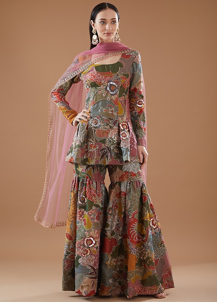 Green Indian Organza Printed Bridal Sharara Set by Aisha Rao at Pernia's Pop Up Shop